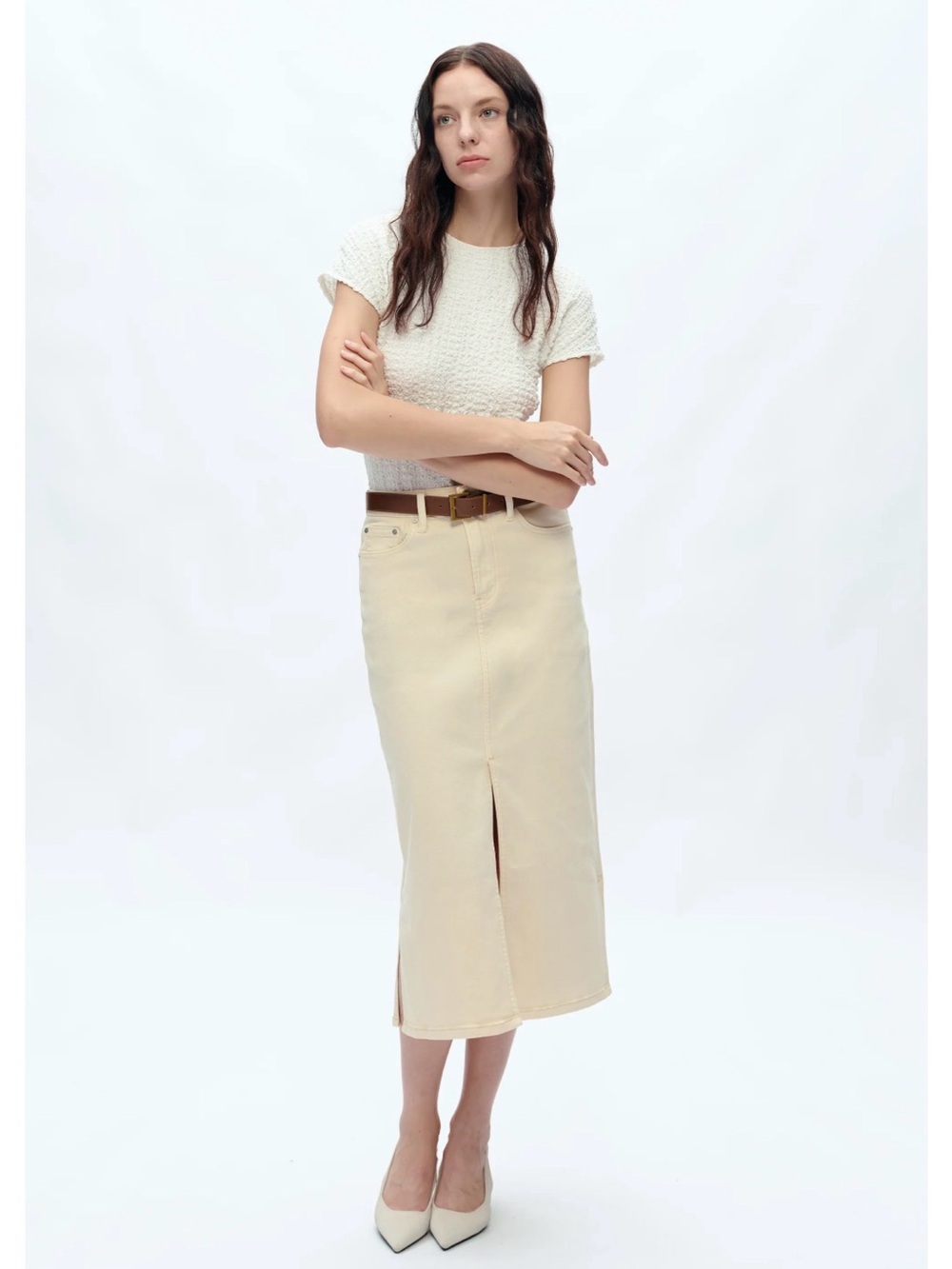 Bayeas Lila Stretch Fishtail Midi Skirt High Rise Denim Ivory Beige Size 28